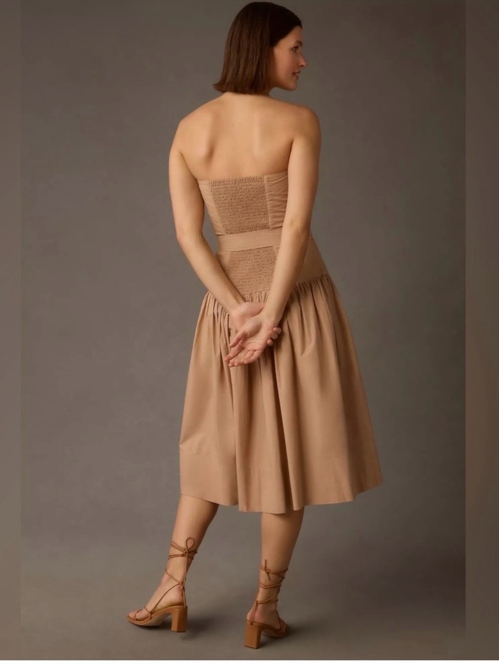 NWT Love The Label L Khaki Tan Strapless Midi Utility Dress Belted 100% Cotton - Picture 2 of 16